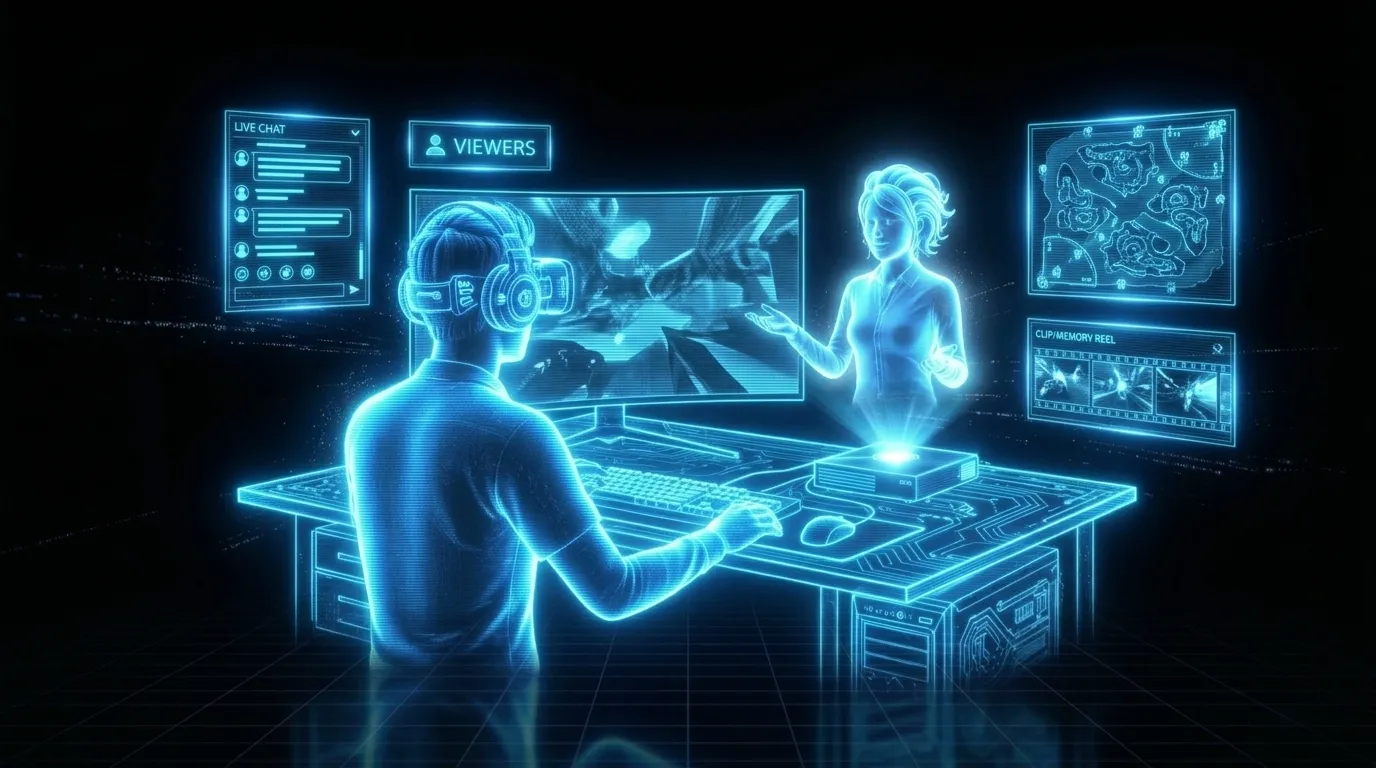 Hologram of a gamer streaming at his PC while the Aria AI companion is projected beside him, surrounded by live chat, viewer and memory-reel panels